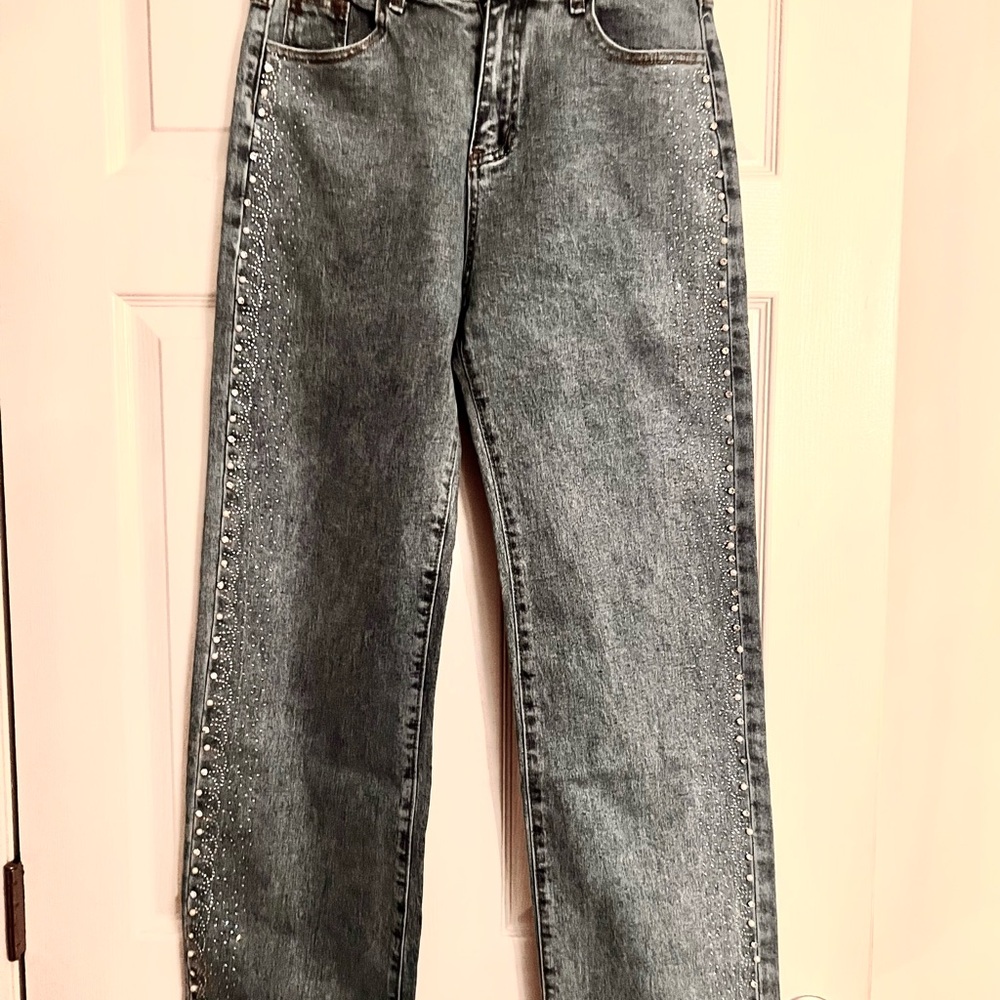 NEW KIWI CLUB Rhinestone/Pearl Women's Flare Jeans Sz 8-10 Waist 30" Retail $125